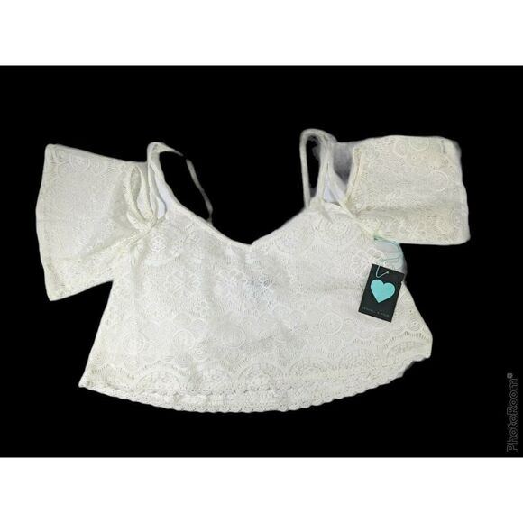 Kendall & Kylie Size Small Crop Top Lace Flutter Sleeve Lined Ivory - Picture 4 of 10